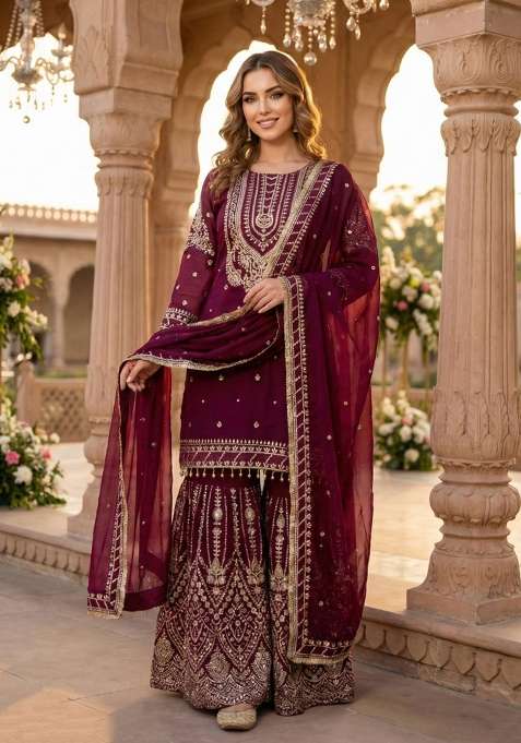 Maroon Embroidery Georgette Sharara Set