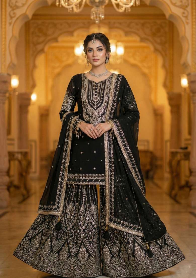 Black Embroidery Georgette Sharara Set - Indya