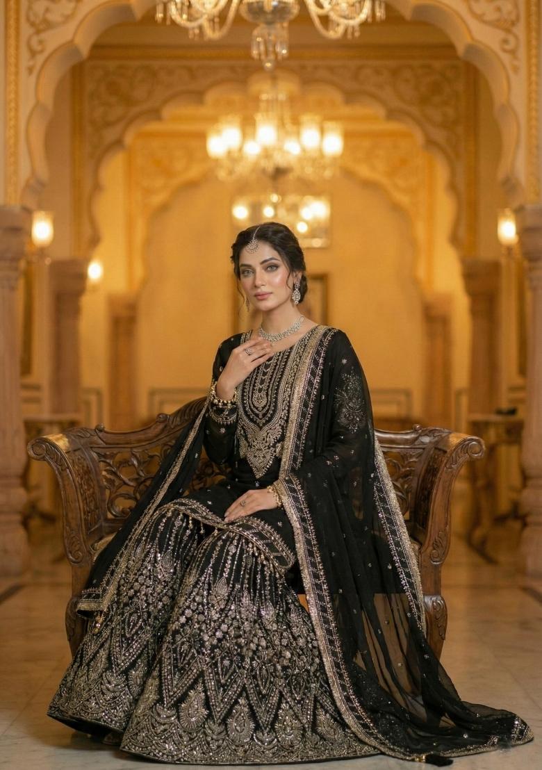 Black Embroidery Georgette Sharara Set - Indya