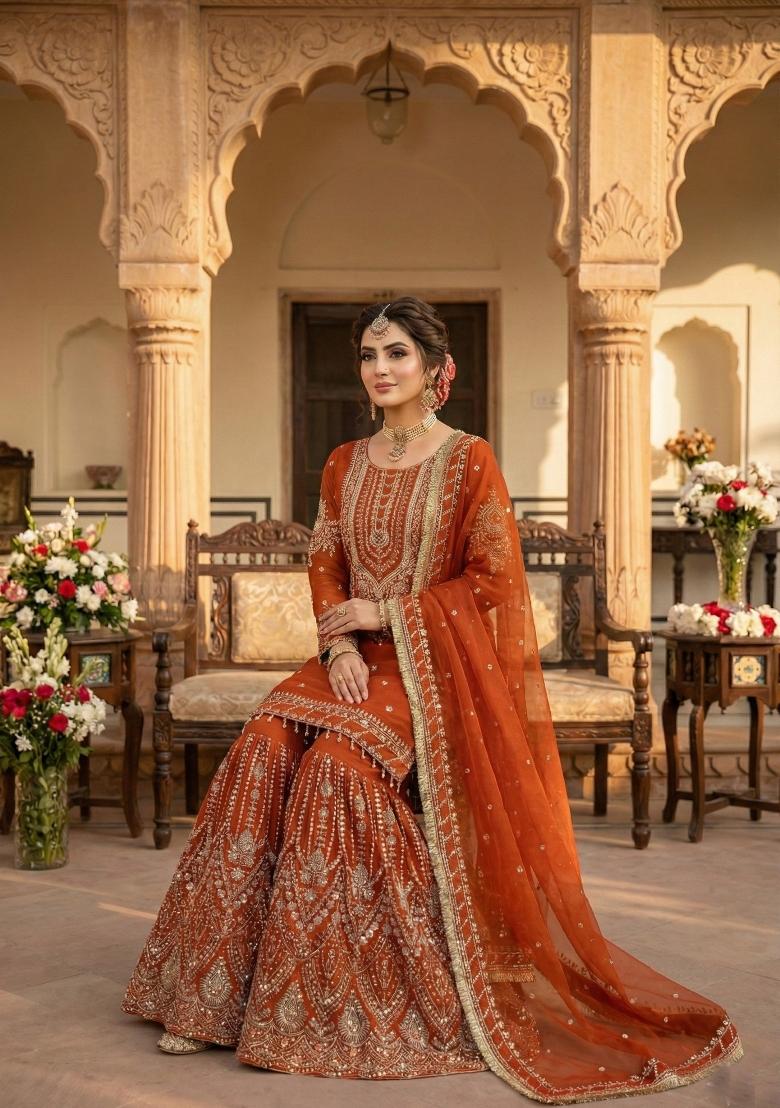 Orange Embroidery Georgette Sharara Set - Indya