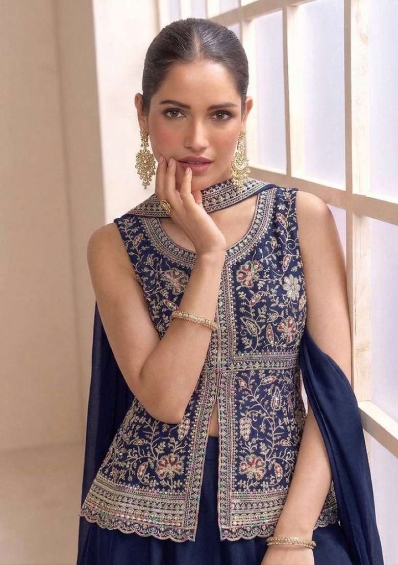 Navy Blue Embroidery Georgette Sharara Set - Indya