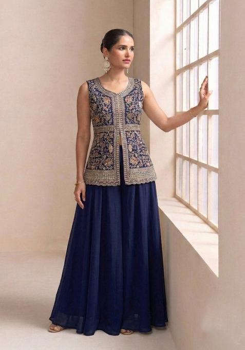 Navy Blue Embroidery Georgette Sharara Set