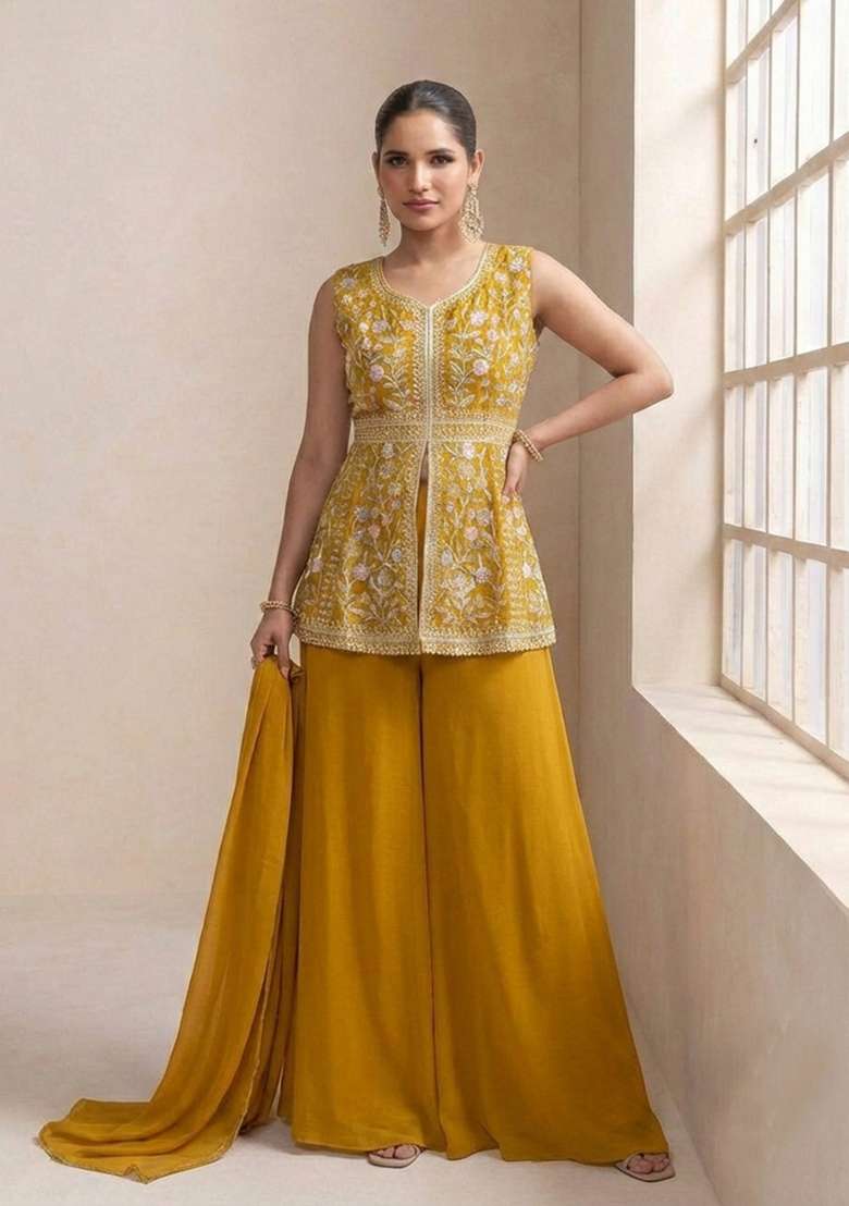 Yellow Embroidery Georgette Sharara Set - Indya
