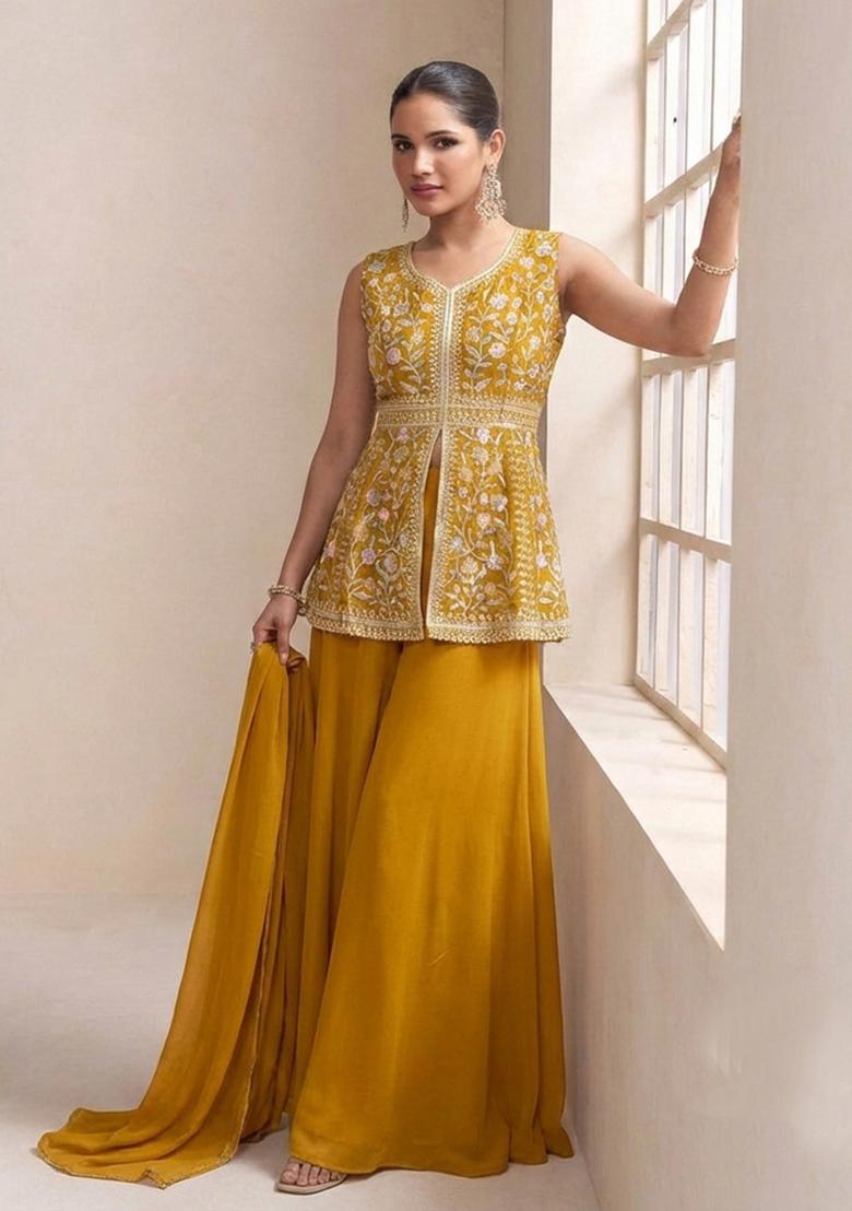 Yellow Embroidery Georgette Sharara Set - Indya