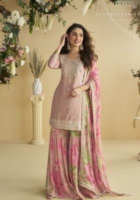 Pink Embroidery Silk Sharara Set
