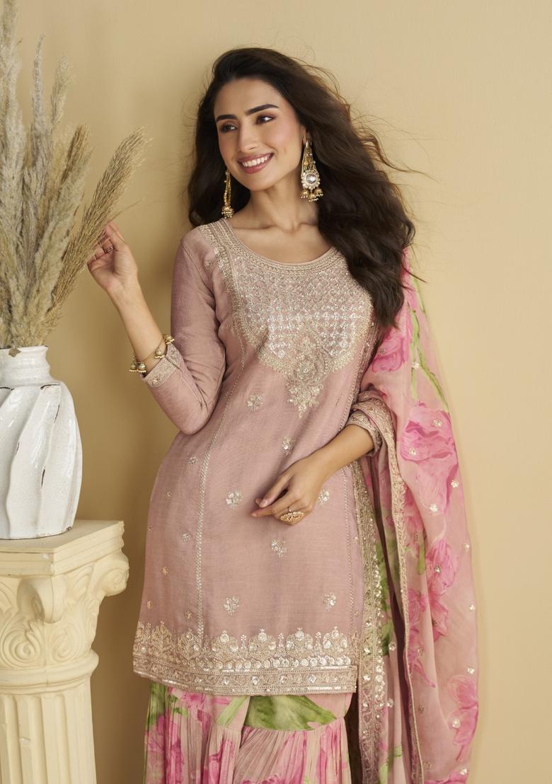 Pink Embroidery Silk Sharara Set - Indya