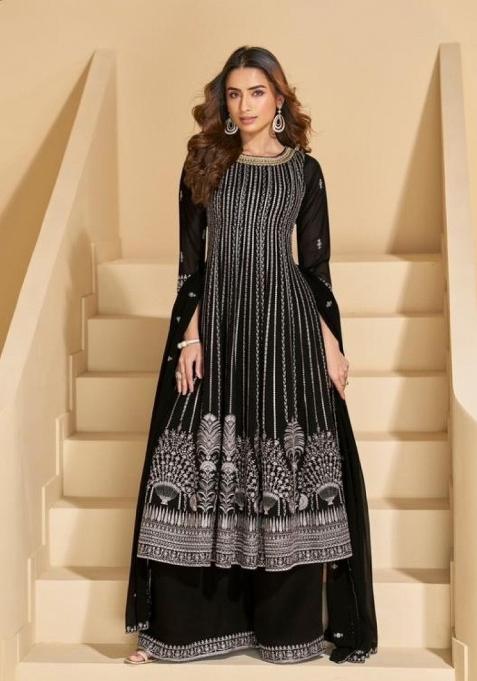 Black Sequin Georgette Salwar Kameez — view on Indya
