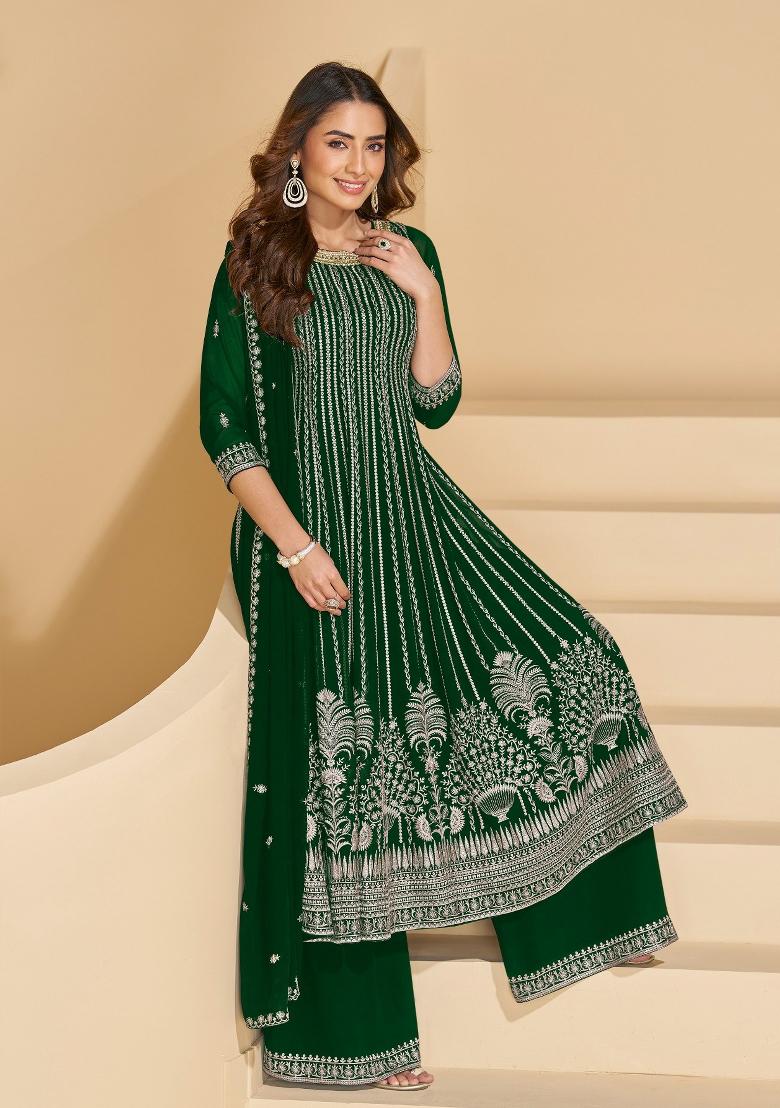 Dark Green Sequin Georgette Salwar Kameez - Indya