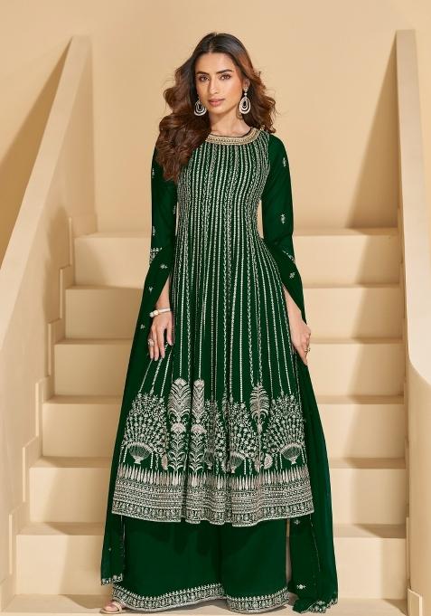Dark Green Sequin Georgette Salwar Kameez — view on Indya