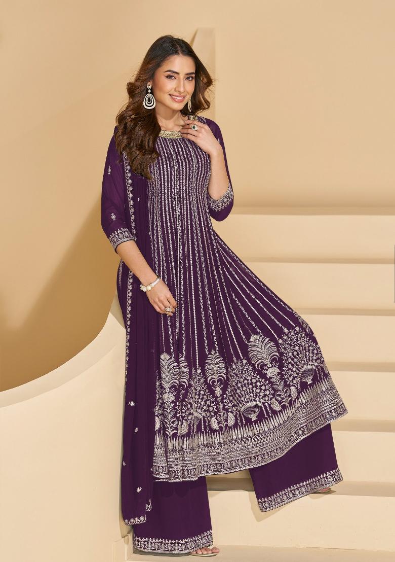 Violet Sequin Georgette Salwar Kameez - Indya