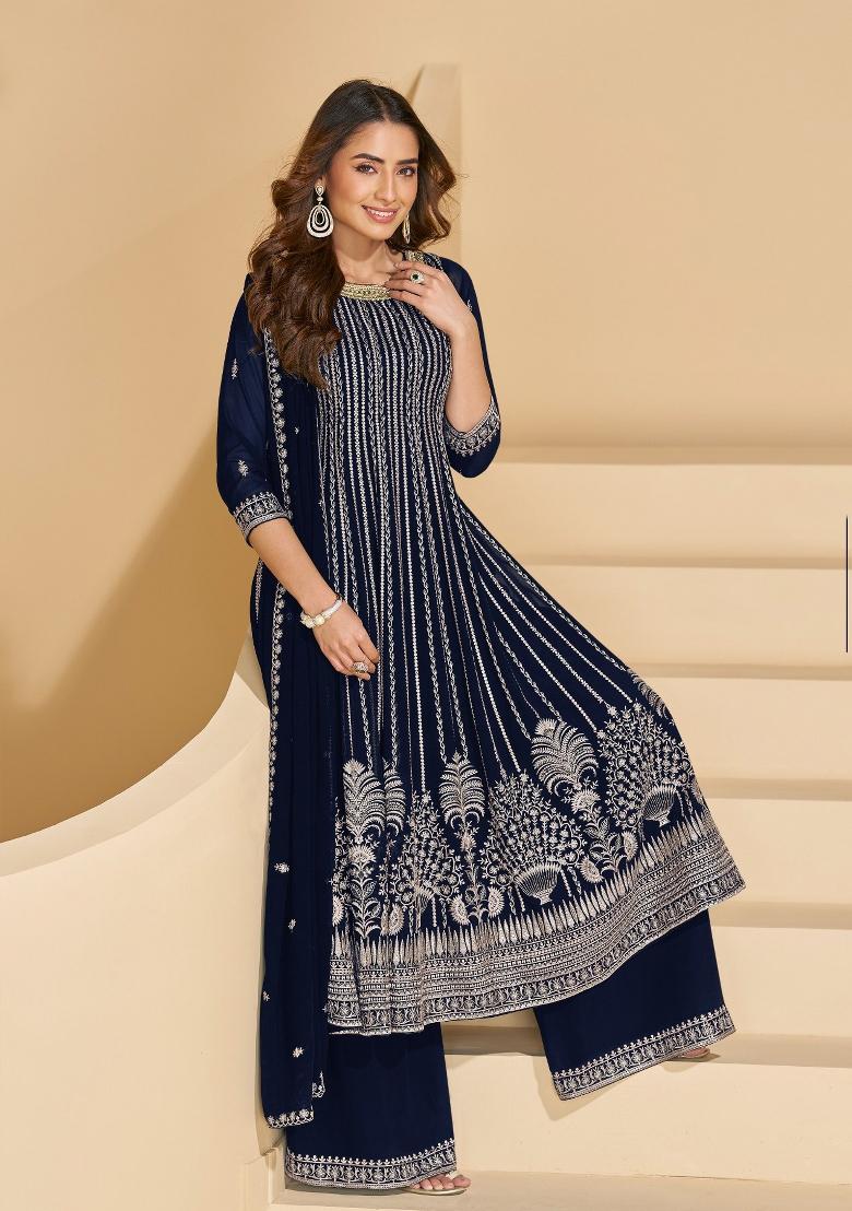 Navy Blue Sequin Georgette Salwar Kameez - Indya