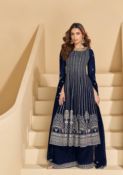 Navy Blue Sequin Georgette Salwar Kameez — view on Indya