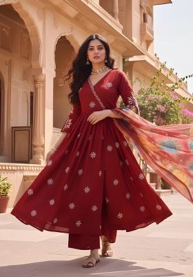 Maroon Embroidery Silk Anarkali Set