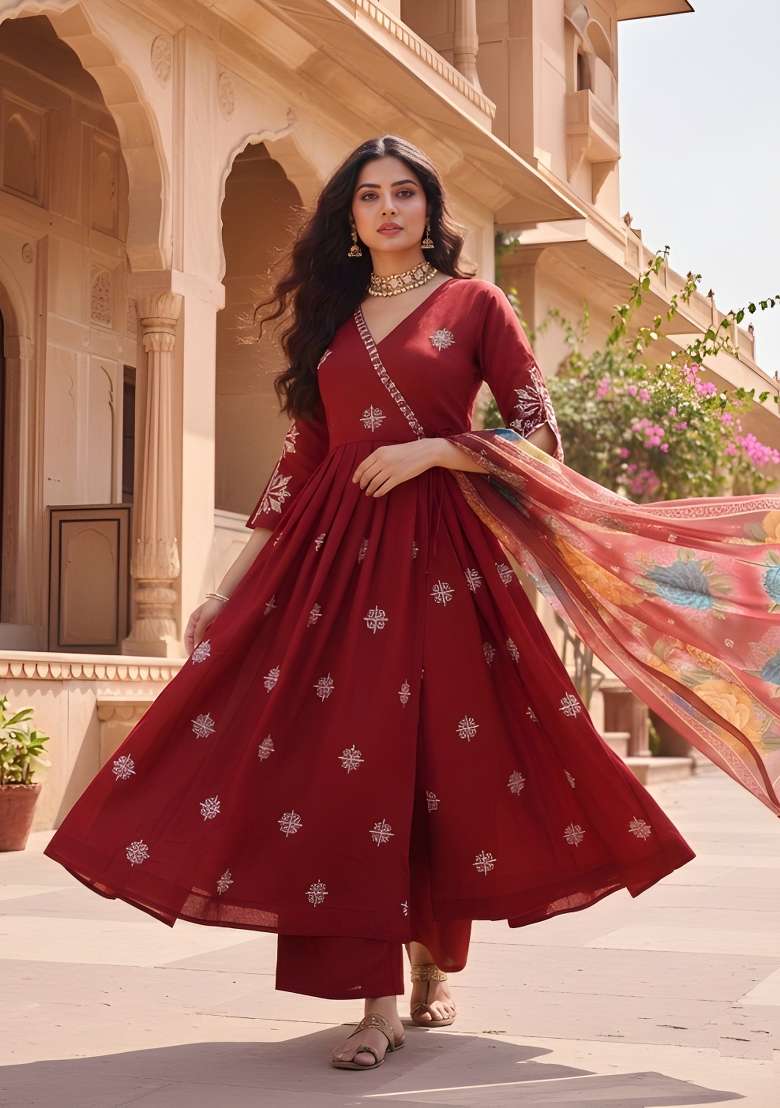 Maroon Embroidery Silk Blend Anarkali Set - Indya