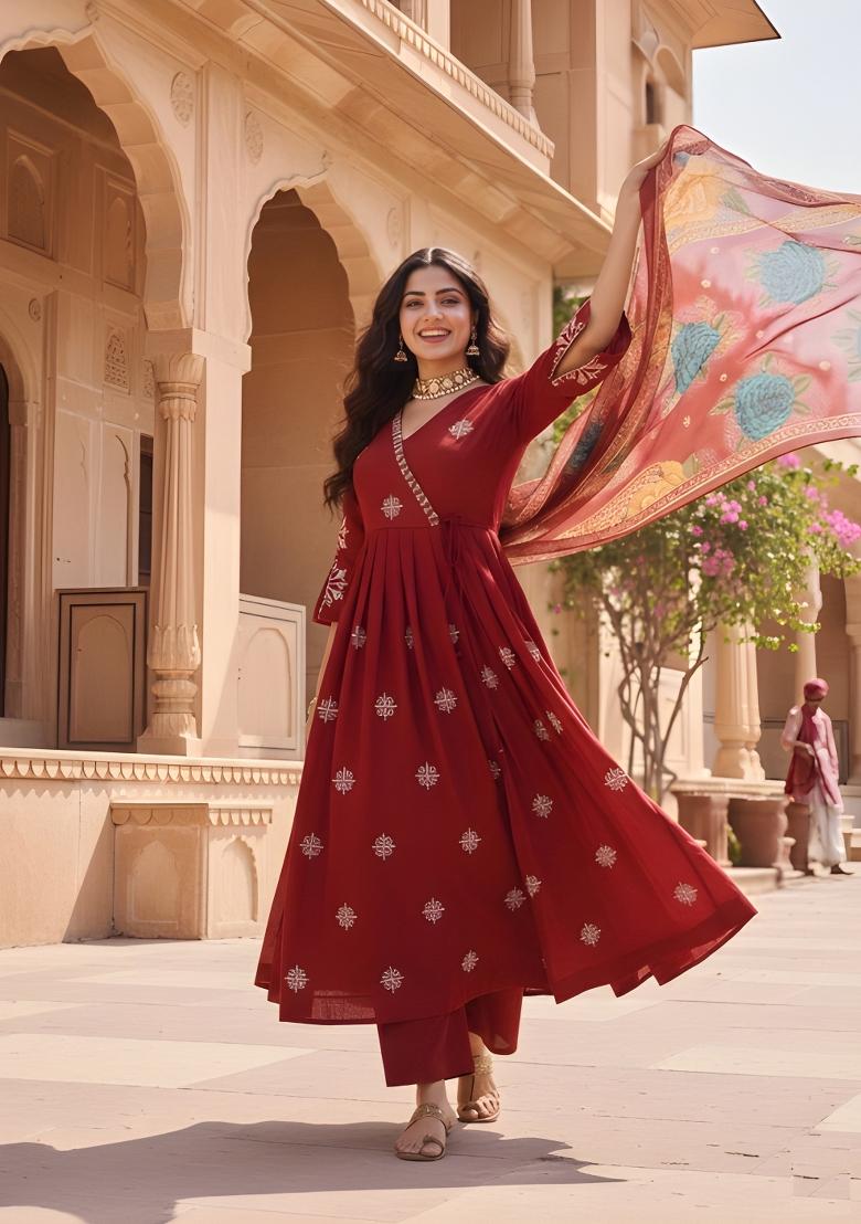 Maroon Embroidery Silk Anarkali Set - Indya