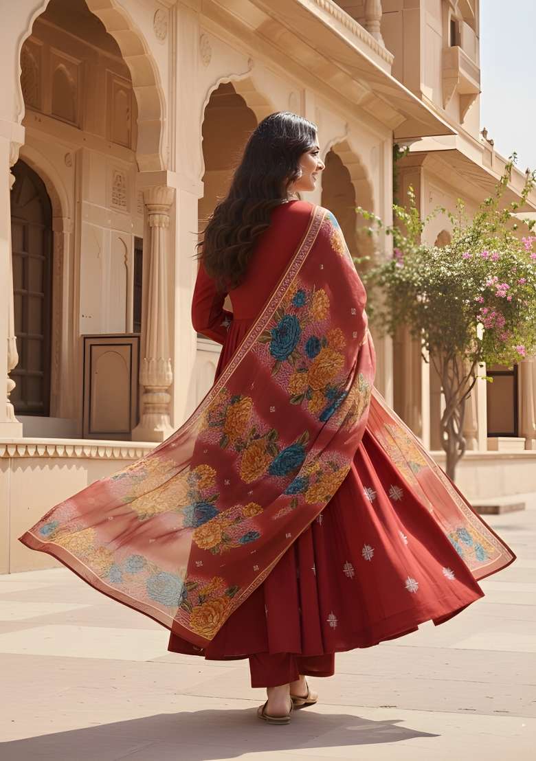 Maroon Embroidery Silk Blend Anarkali Set - Indya
