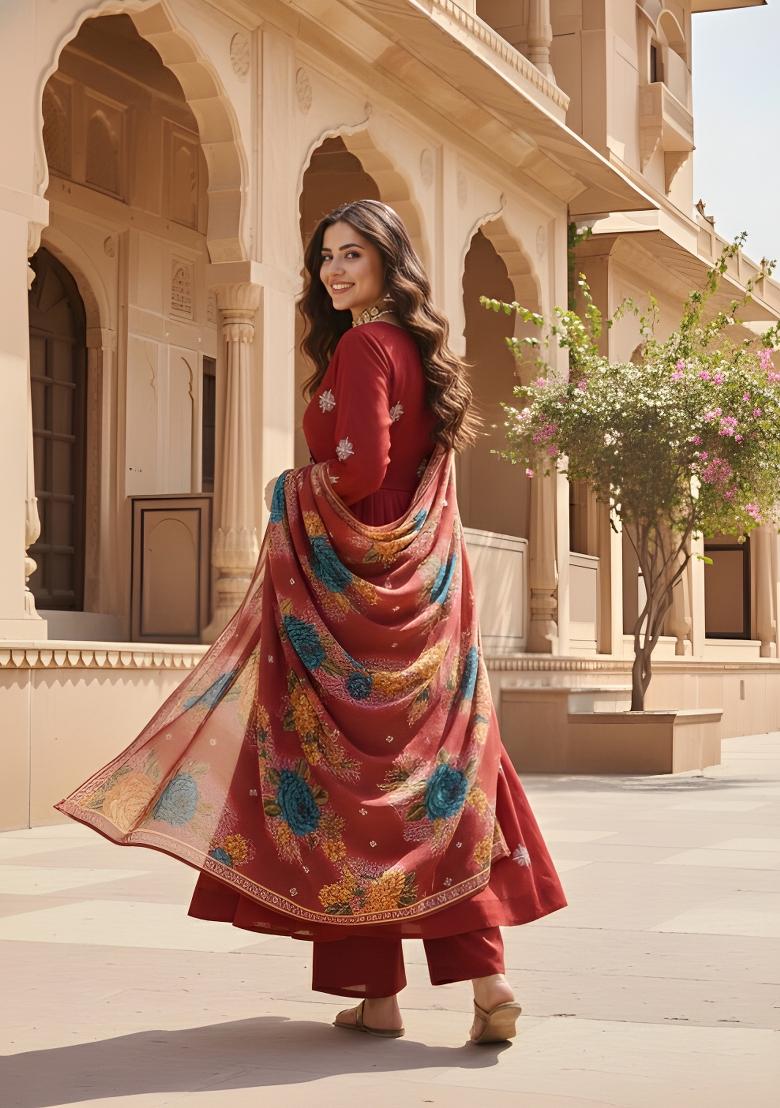 Maroon Embroidery Silk Anarkali Set - Indya