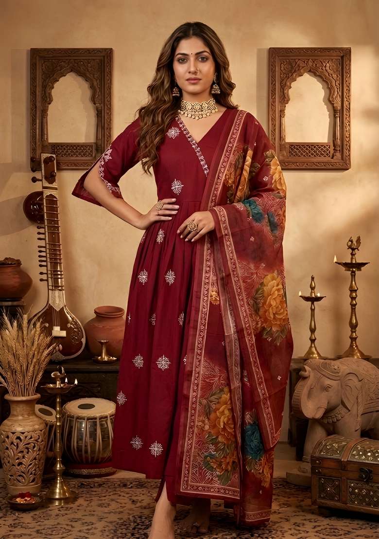 Maroon Embroidery Silk Blend Anarkali Set - Indya