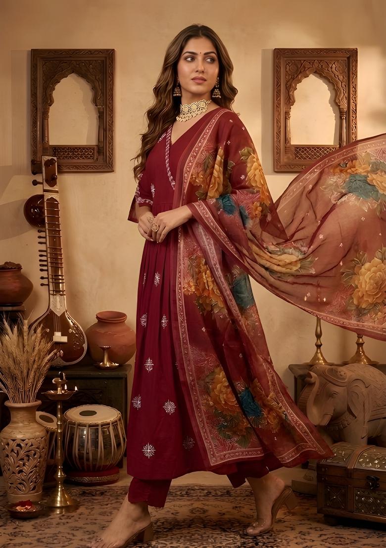 Maroon Embroidery Silk Anarkali Set - Indya
