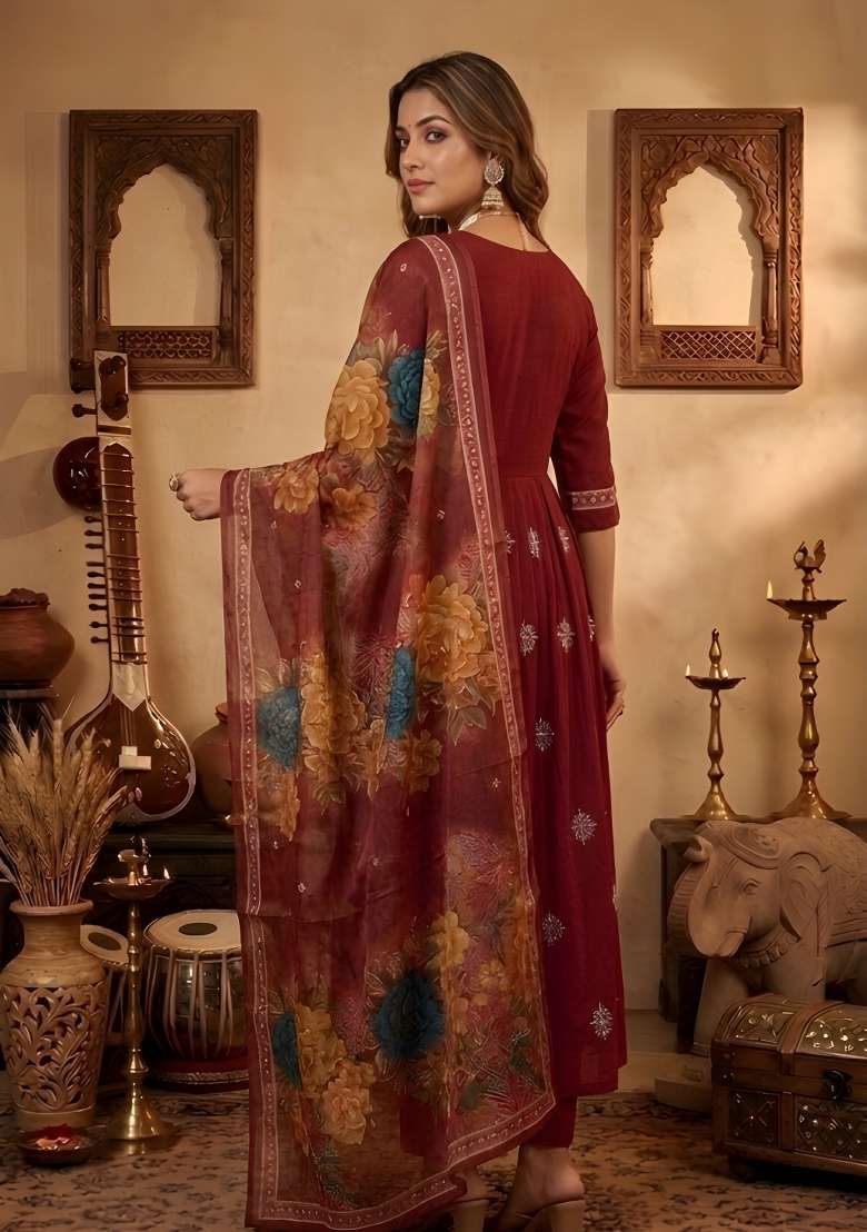 Maroon Embroidery Silk Blend Anarkali Set - Indya