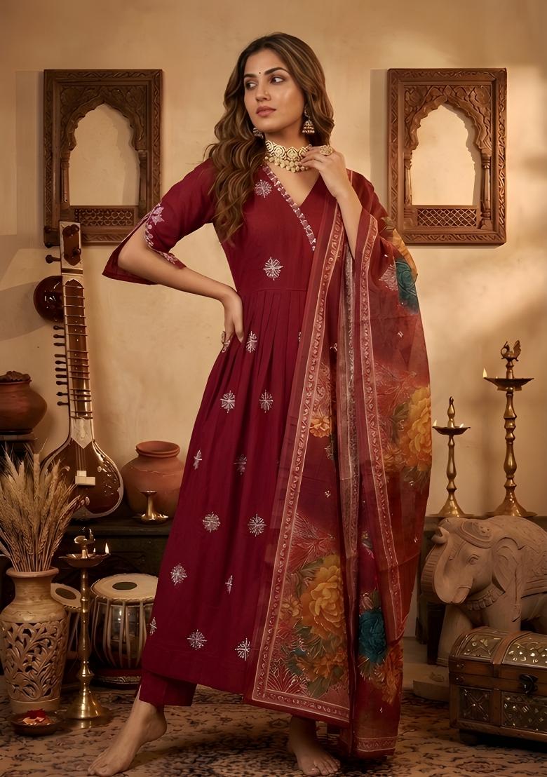 Maroon Embroidery Silk Anarkali Set - Indya