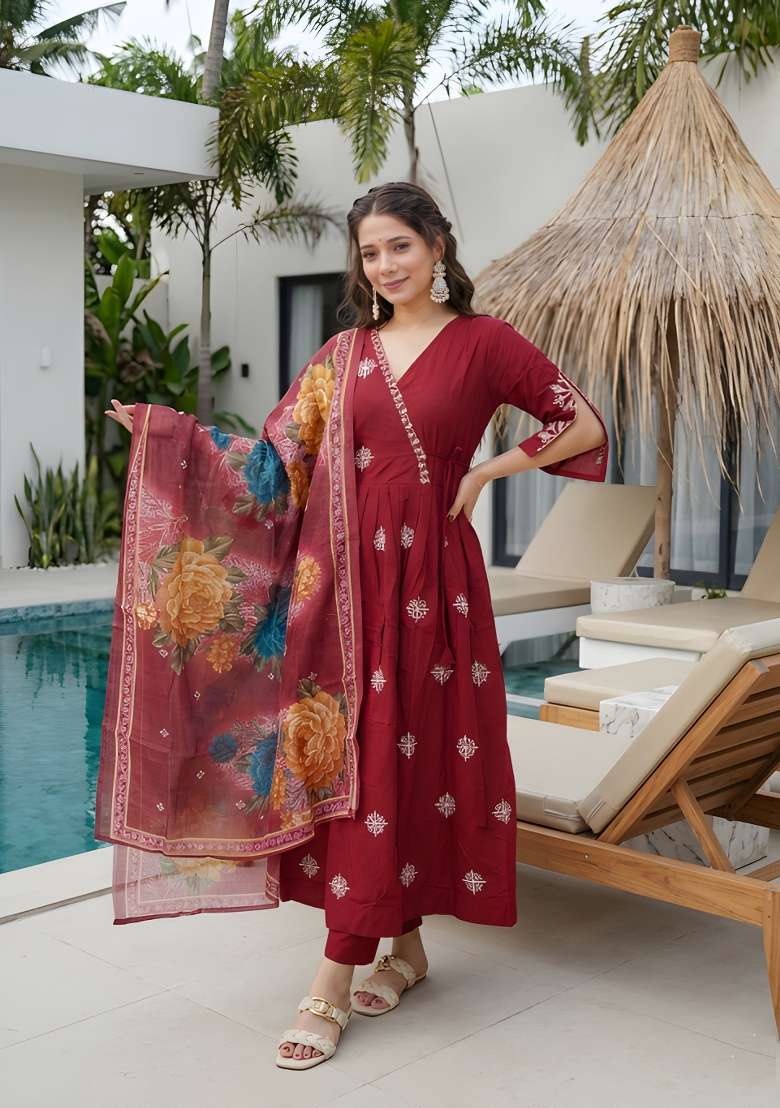 Maroon Embroidery Silk Blend Anarkali Set - Indya