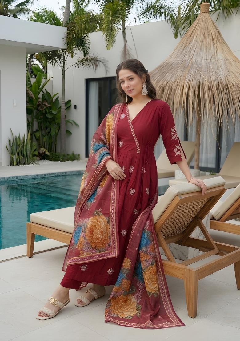 Maroon Embroidery Silk Anarkali Set - Indya