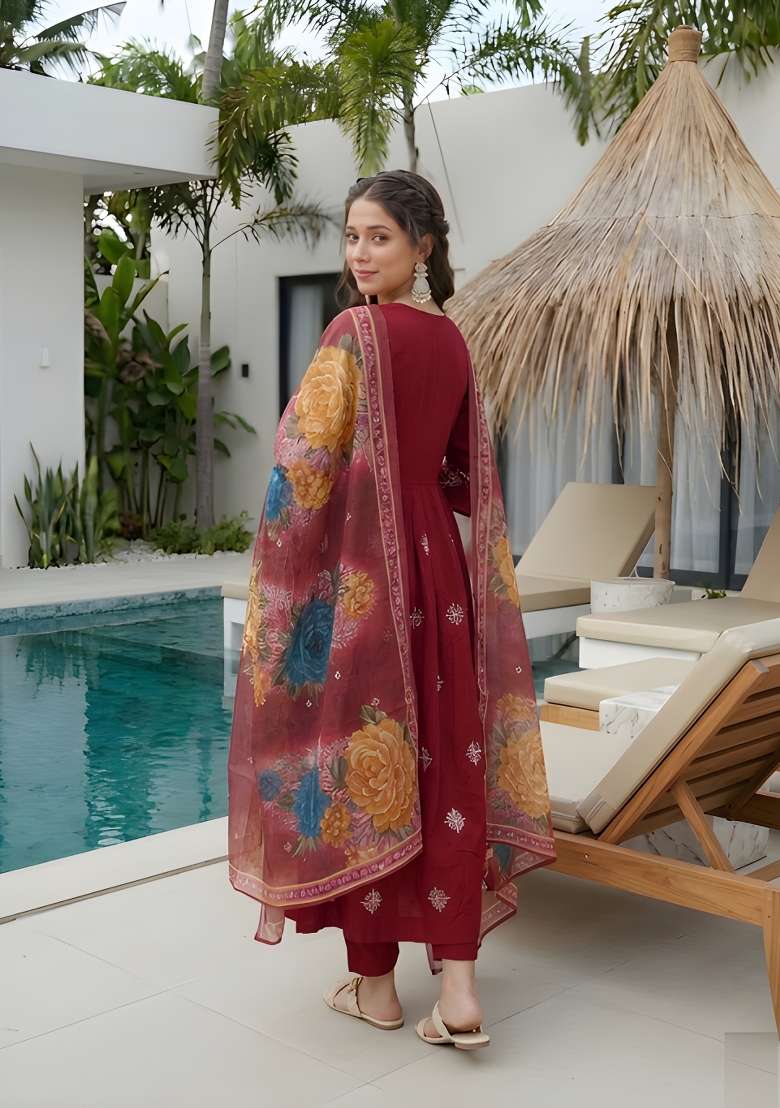 Maroon Embroidery Silk Blend Anarkali Set - Indya