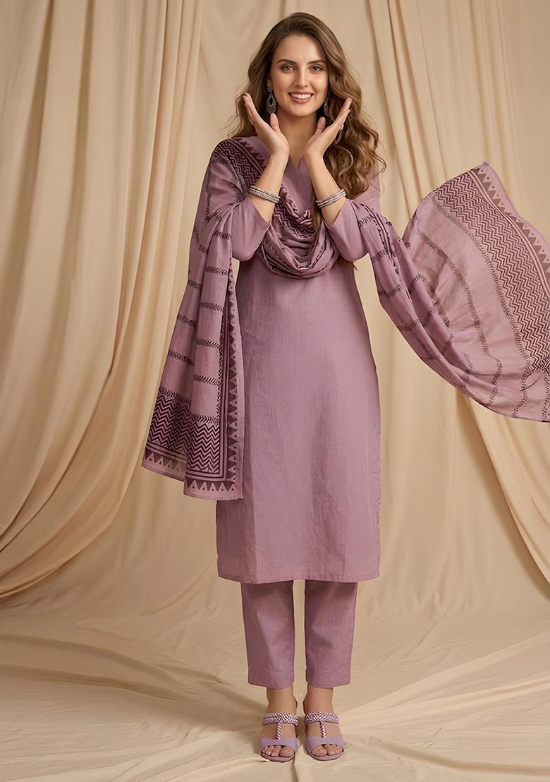 Dusty Lavender Solid Silk Kurta Set - Indya