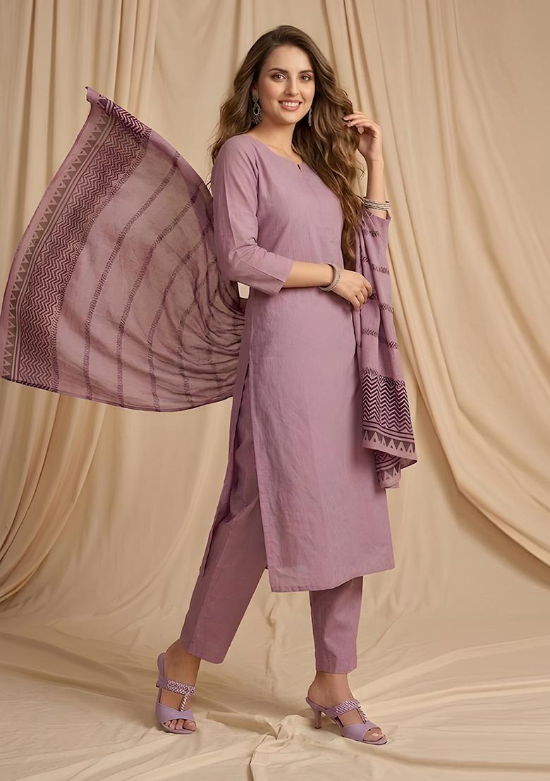 Dusty Lavender Solid Silk Kurta Set - Indya