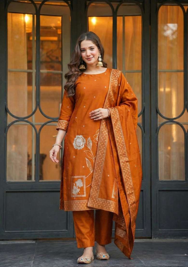 Rust Orange Jacquard Silk Blend Kurta Set - Indya