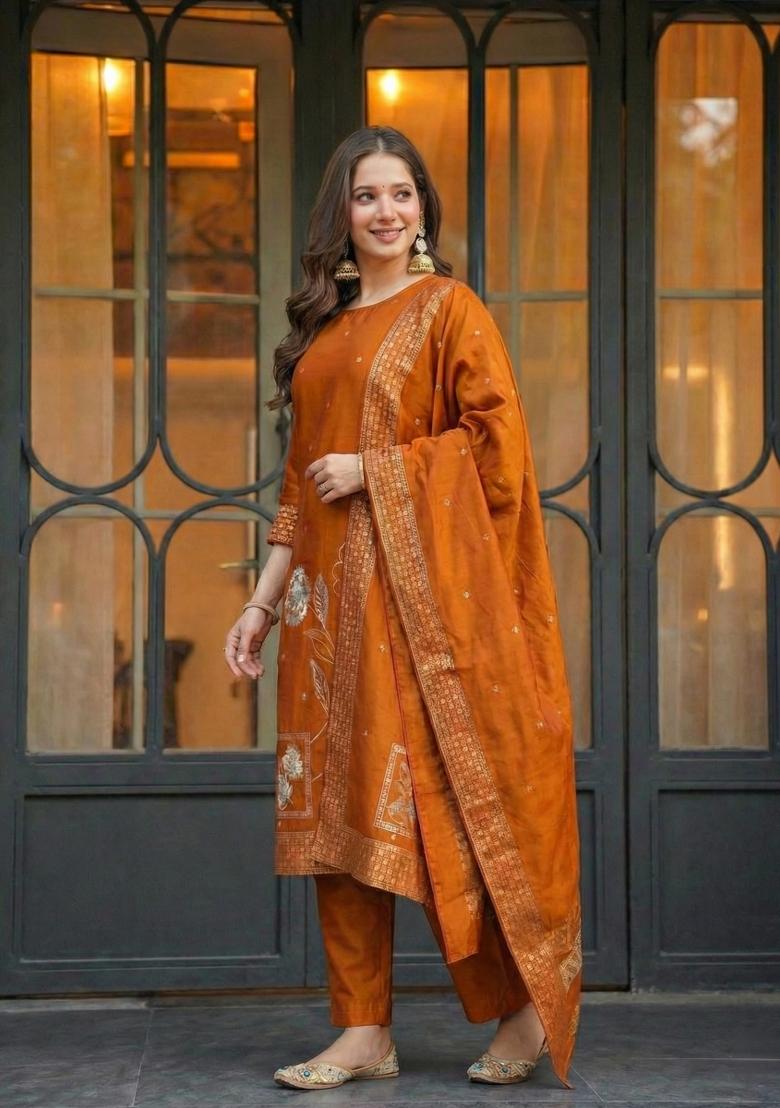 Rust Orange Jacquard Silk Kurta Set - Indya