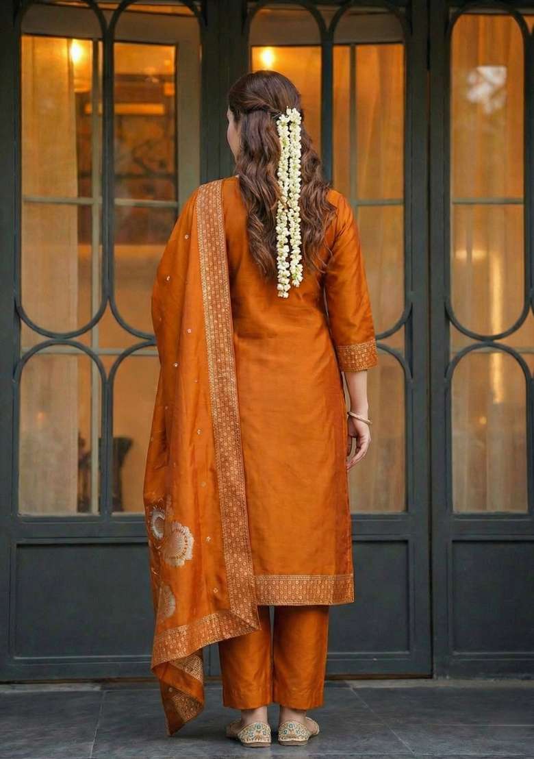 Rust Orange Jacquard Silk Blend Kurta Set - Indya