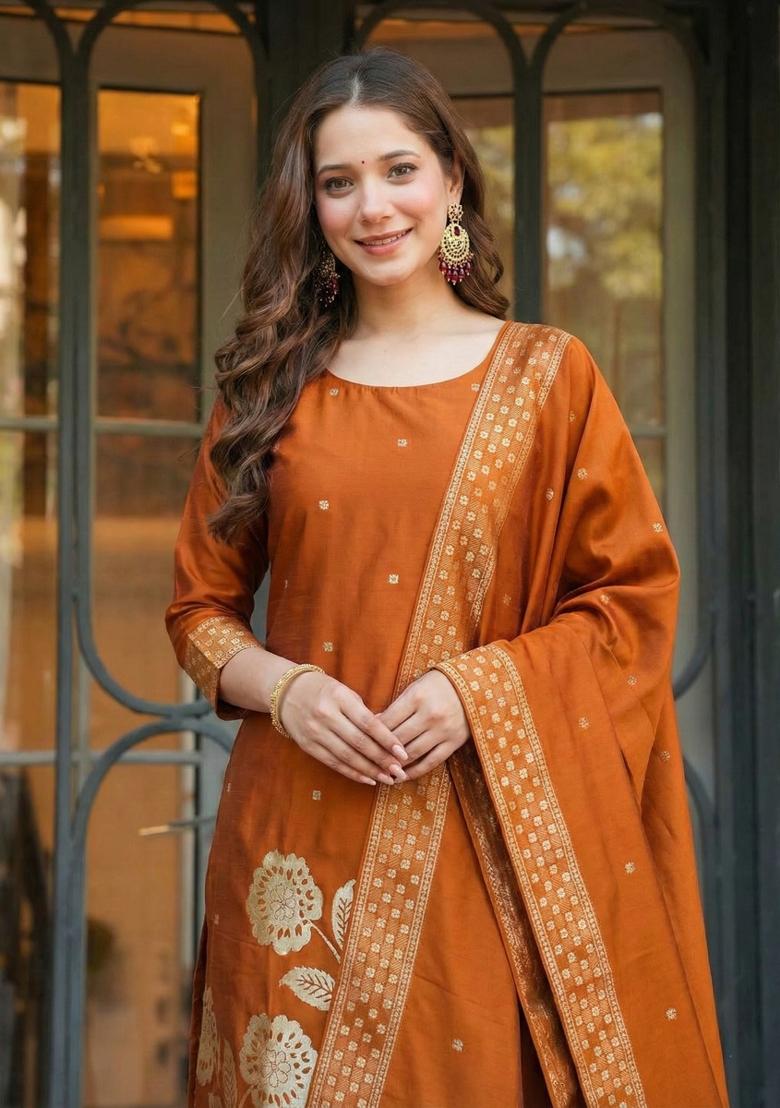 Rust Orange Jacquard Silk Kurta Set - Indya