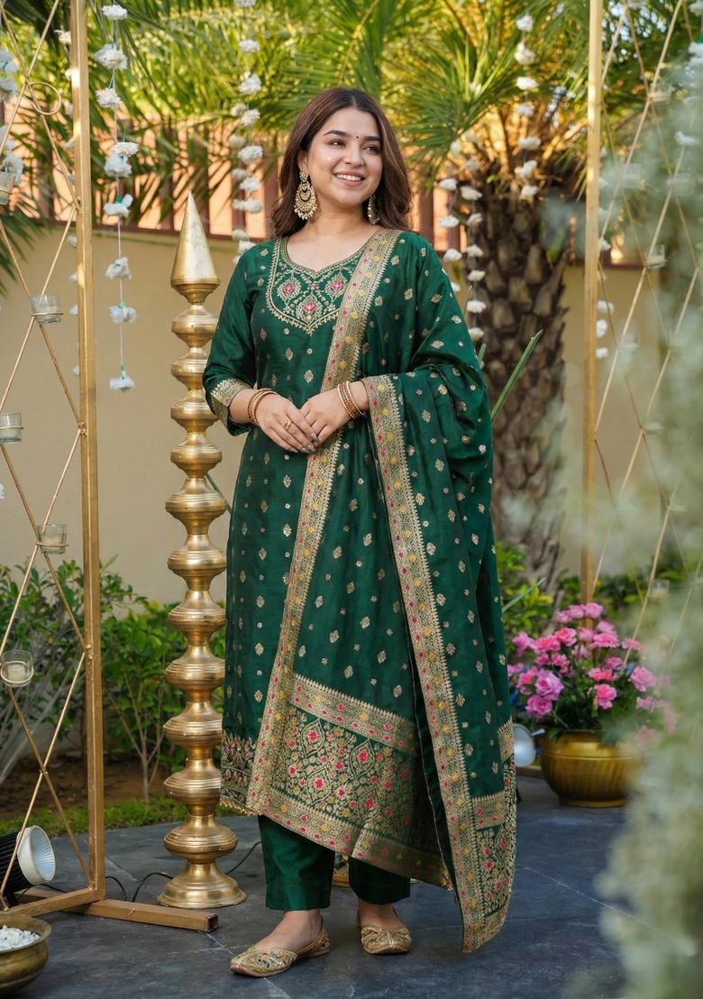 Dark Green Jacquard Silk Kurta Set - Indya