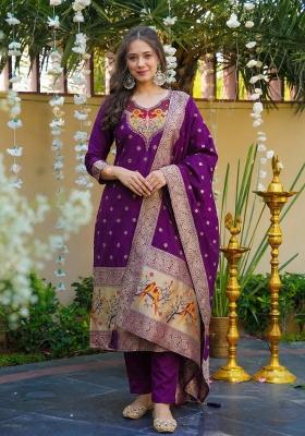 Dark Purple Jacquard Silk Kurta Set