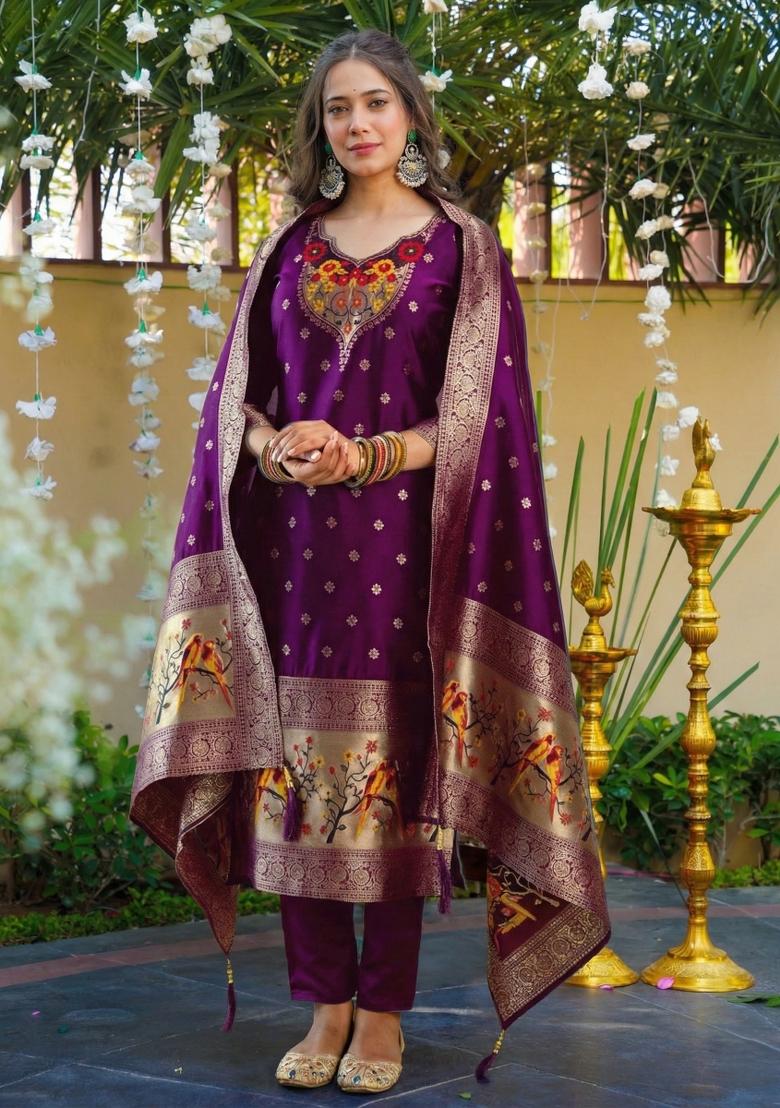 Dark Purple Jacquard Silk Kurta Set - Indya