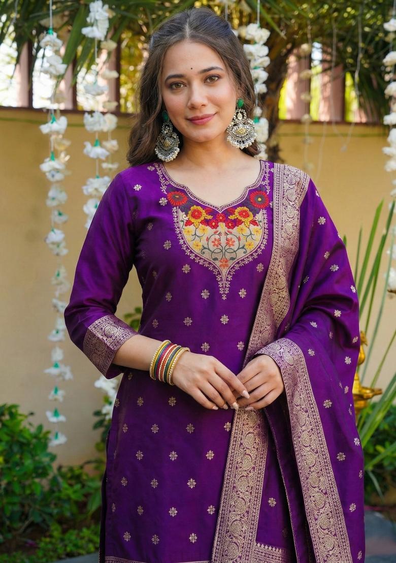 Dark Purple Jacquard Silk Kurta Set - Indya