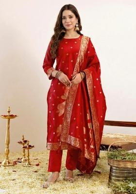 Red Jacquard Silk Kurta Set