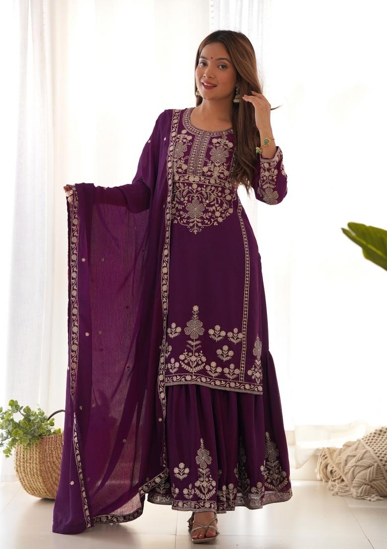 Purple Embroidery Silk Kurta Set - Indya