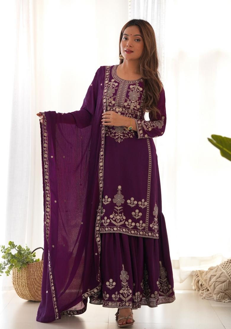 Purple Embroidery Silk Kurta Set - Indya