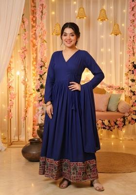 Royal Blue Solid Silk Anarkali With Dupatta