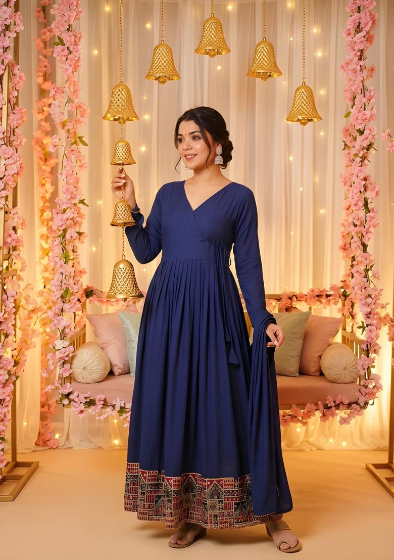 Royal Blue Solid Silk Anarkali With Dupatta - Indya