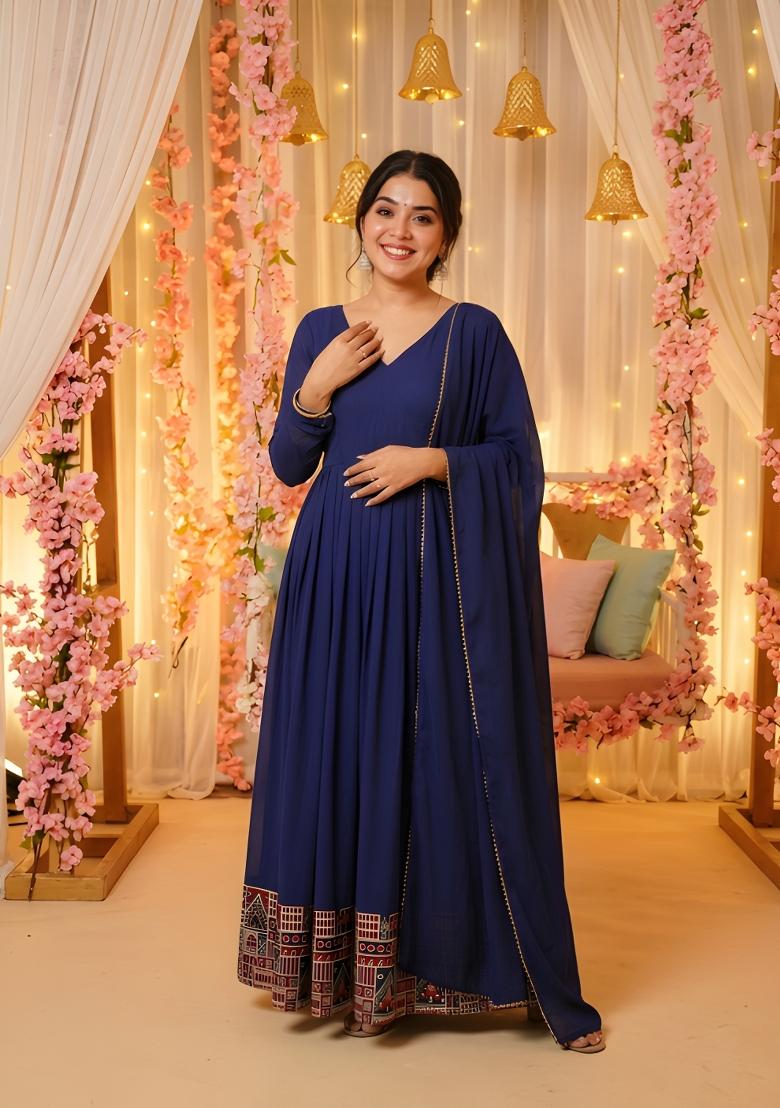 Royal Blue Solid Silk Anarkali With Dupatta - Indya