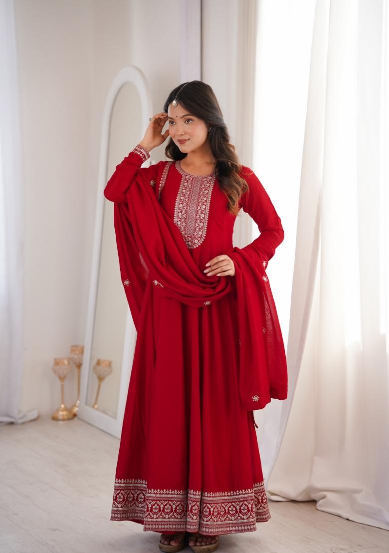 Red Embroidery Silk Anarkali With Dupatta - Indya