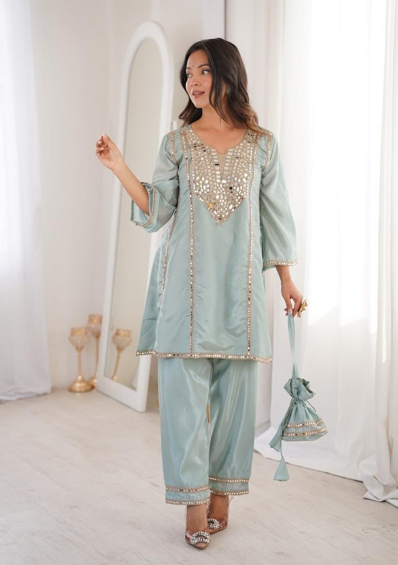 Sky Blue Embroidery Silk Kurta Palazoo Set - Indya