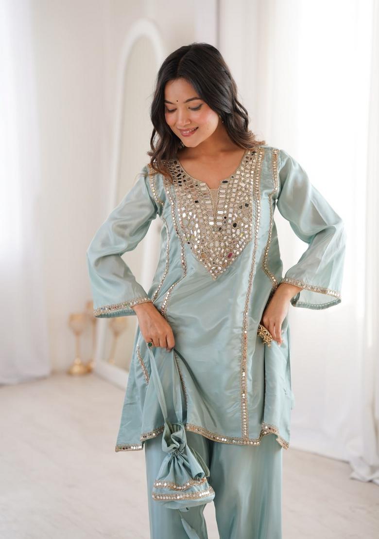 Sky Blue Embroidery Silk Kurta Palazoo Set - Indya