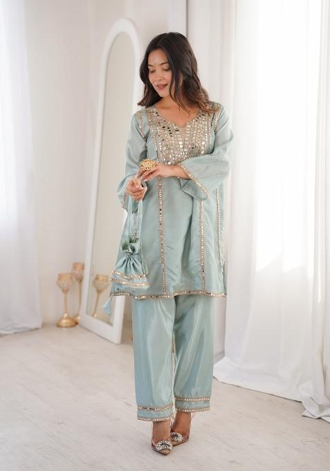 Sky Blue Embroidery Silk Kurta Palazoo Set