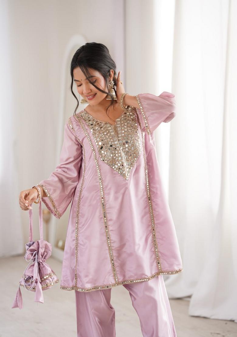 Pink Embroidery Silk Kurta Palazoo Set - Indya