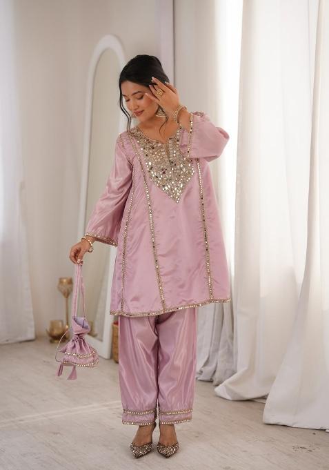 Pink Embroidery Silk Kurta Palazoo Set